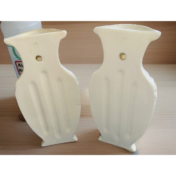 Vintage Porcelain Wall Vases Pair Pink Roses & Ribbon 7” Ivory Ceramic Floral - Picture 5 of 6